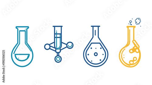 Four stylized illustrations of laboratory glassware for scientific or educational themes