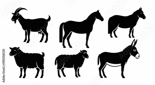 Farm Animals Silhouettes Set: Goat, Horse, Sheep, Donkey Icons