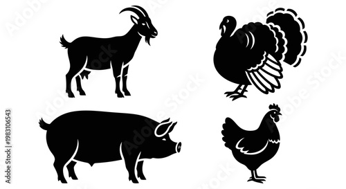 Farm Animals Silhouettes Set: Goat, Turkey, Pig, and Chicken Icons on White Background