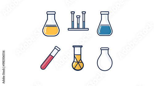 Colorful vector illustration featuring various laboratory glassware with colored liquids
