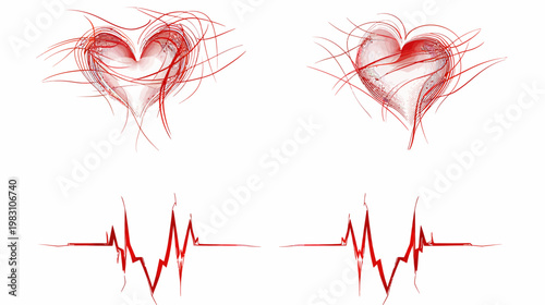 Two stylized hearts and heart monitor readings in a sketch style on a white backdrop