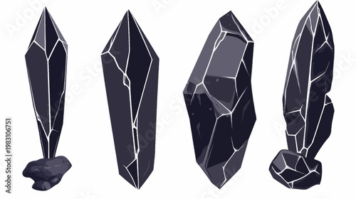 Four stylized illustrations of dark, crystalline structures with cracks. They rest on a white background