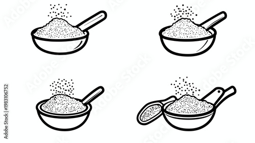 Black and white illustration of four bowls with granular substance and scoops
