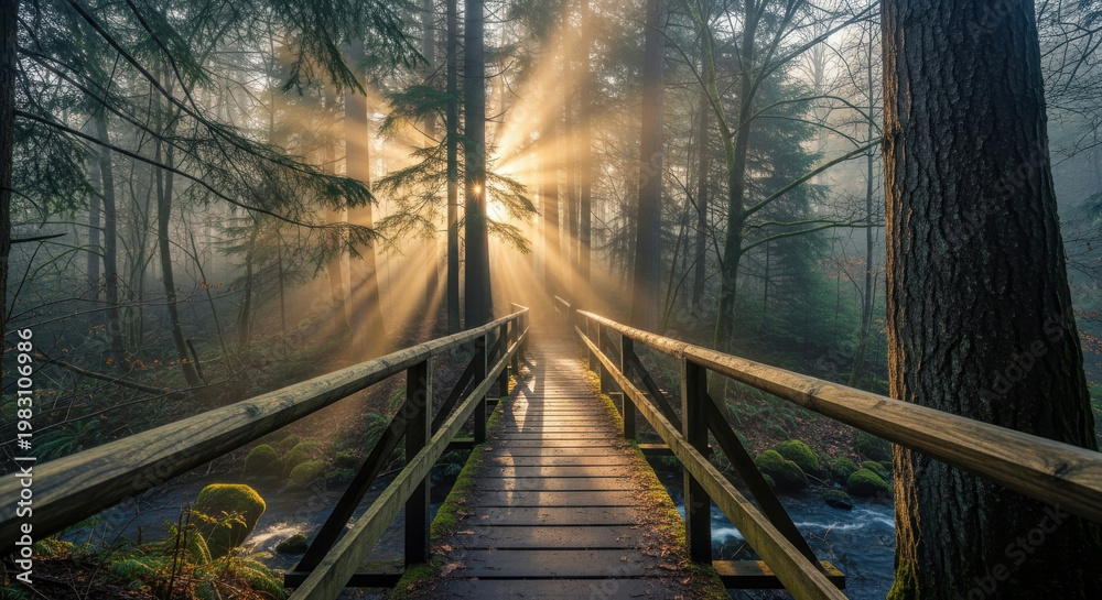 Fototapeta premium A serene wooden bridge in a misty forest with sunlight rays piercing through the dense canopy of tall trees.