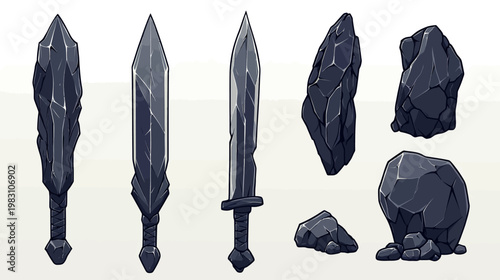 Hand-drawn illustrations stone weapons (club and sword) and textured rocks in grayscale