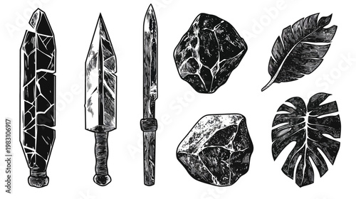 Black and white illustration featuring stone and plant objects and tools, hand drawn style on a white background