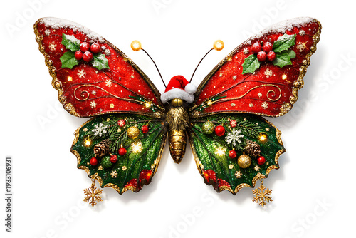 Decorative Christmas butterfly with Santa hat and holiday ornaments isolated on white