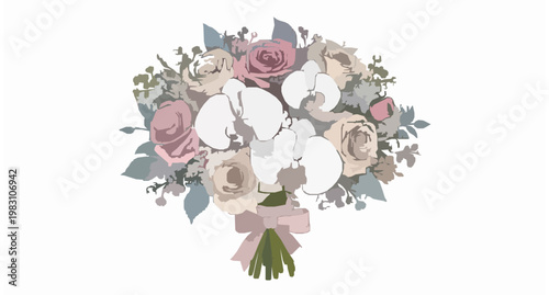 Elegant floral bouquet vector illustration with roses and orchids in vintage botanical style gift composition isolated on white