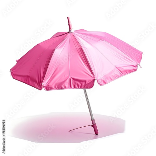 A pink beach umbrella on a white background with a shadow underneath