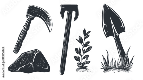 Vintage illustration depicting gardening tools and elements, including a sickle, rake, trowel, rock, plant, and grass