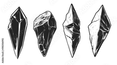 A set of four black and white illustrations of crystals. Different shapes and textures