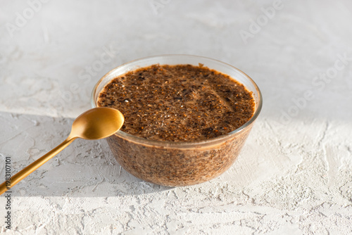 Vegan caviar from chia seeds, soy sauce and nori in a bowl. Gluten, sugar free, clean eating.
