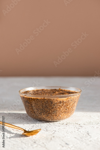 Plant based caviar made from chia seeds, nori and soy sauce. Healthy vegan dairy free breakfast. Vertical orientation.