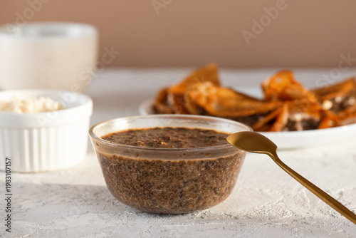 Healthy vegan chia caviar snack with gluten free crepes dairy free, gluten free breakfast.