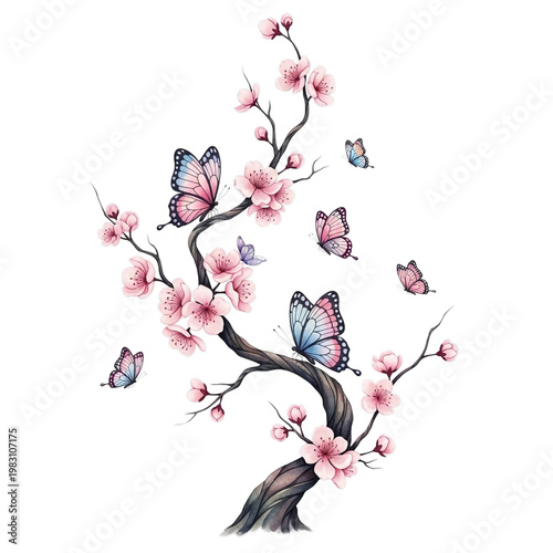 Cherry Blossom Branch with Butterflies