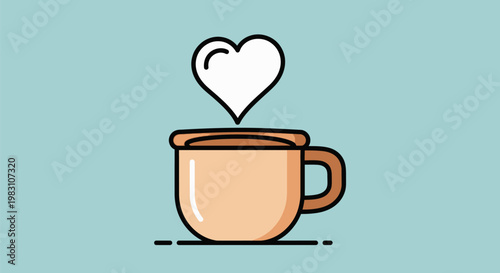 A warm cup of coffee with a heart shaped steam rising.