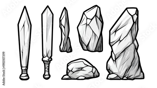 Set of illustrative weapons and rocks with bold outlines in a black and white, comic-style drawing
