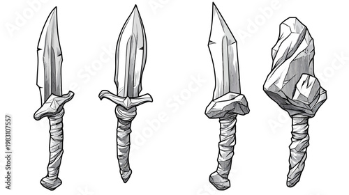Four stylized grayscale illustrations of different weapon designs, featuring blades and wrapped handles