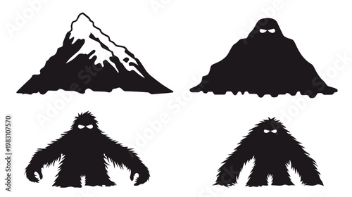 Black and white illustration of a mountain and mysterious creatures, silhouetted on a white background