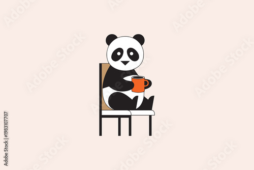 Adorable panda sitting on chair drinking coffee mascot for cafe and lifestyle brand identity
