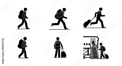 Set of six black and white icons depicting people traveling with luggage.