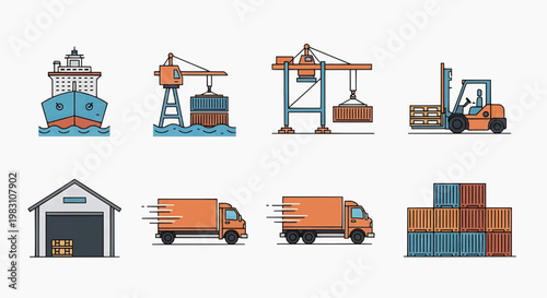Logistics operations unfold with trucks, cranes, and forklifts at a busy industrial port facility.
