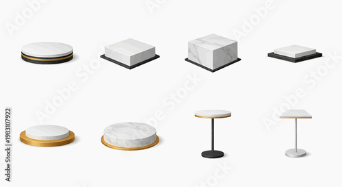 Various modern ottomans and tables in different shapes and sizes are displayed on a plain surface.