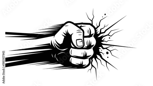 Fist breaking through wall, symbolizing power, strength, and overcoming obstacles