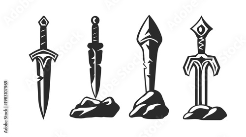 A collection of four stylized illustrations, each a weapon embedded in or next to a stone