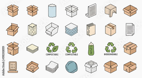 Recyclable materials icons showcase various boxes and containers for sustainable practices indoors