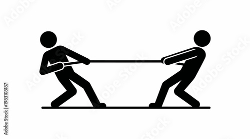 Tug of war vector illustration, stick figures pulling rope, competition struggle conflict balance teamwork dynamic black white minimal design, symbolic opposing forces vector art graphic