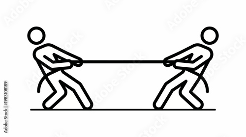 Tug of war vector illustration, stick figures pulling rope, competition struggle conflict balance teamwork dynamic black white minimal design, symbolic opposing forces vector art graphic