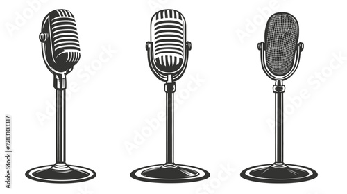 Three vintage microphone illustrations, rendered in black and white, standing on circular bases