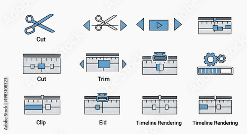 Video editing icons and tools for cutting, trimming, and rendering on a computer screen.