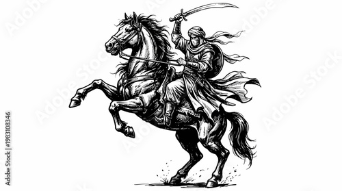 Epic warrior riding horse vector illustration, dynamic black and white battle art, heroic fighter with sword raised, historical mythical knight silhouette, powerful motion design vector