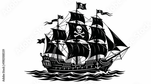 Vector pirate ship illustration with skull crossbones sails maritime adventure sea voyage cannon ports naval history exploration fantasy marine vessel ocean journey vector graphic artwork