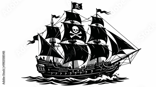 Vector pirate ship illustration with skull crossbones sails maritime adventure sea voyage cannon ports naval history exploration fantasy marine vessel ocean journey vector graphic artwork