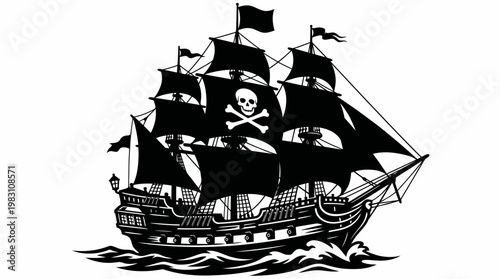 Vector pirate ship illustration with skull crossbones sails maritime adventure sea voyage cannon ports naval history exploration fantasy marine vessel ocean journey vector graphic artwork