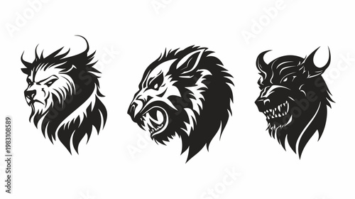 Three stylized, fierce animal head illustrations in black and white, side profiles on a white background