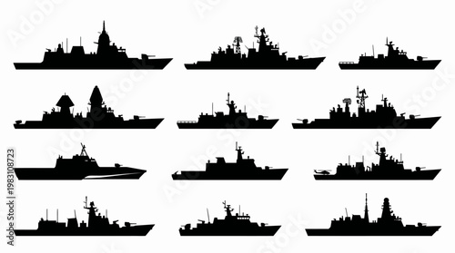   
Vector silhouettes of naval warships destroyers frigates cruisers aircraft carriers military vessels fleet comparison illustration modern navy ships defense maritime vector graphic design artwork