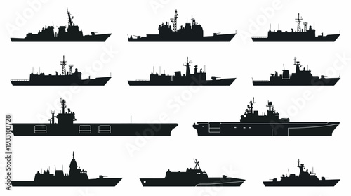   
Vector silhouettes of naval warships destroyers frigates cruisers aircraft carriers military vessels fleet comparison illustration modern navy ships defense maritime vector graphic design artwork