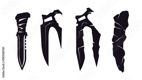 A collection of stylized black weapon silhouettes against a white background, creating a stark contrast