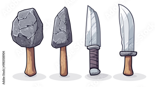 Four cartoon weapons stone axe, crude stone knife, metal knife, and curved blade. Simple design, cartoon style