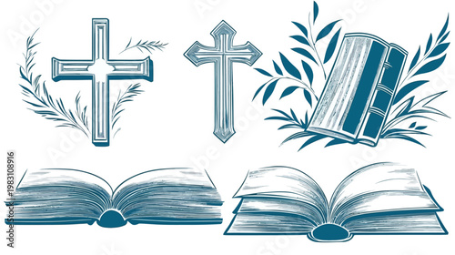 Artistic depiction of religious symbols including crosses, and open books with organic elements