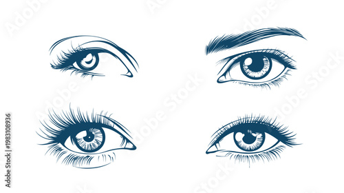 Four stylized close-ups of human eyes with expressive long lashes and defined eyebrows