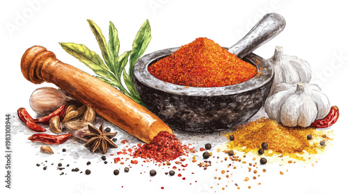 A watercolor illustration of various spices with a mortar and pestle, on a white surface