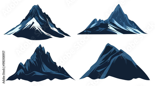Four stylized, vector illustrations of mountainous landscapes, using shades of blue, and white snow