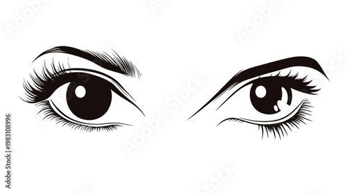Black and white illustration of two eyes, each detailed with eyelashes, eyebrows, and visible pupil
