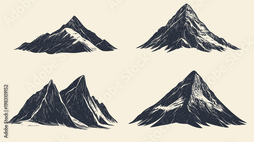 Four stylized grayscale illustrations of mountain ranges on a cream-colored background