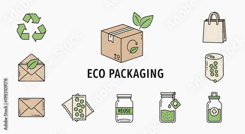 Eco packaging icons and symbols showcasing sustainable and environmentally friendly product delivery solutions